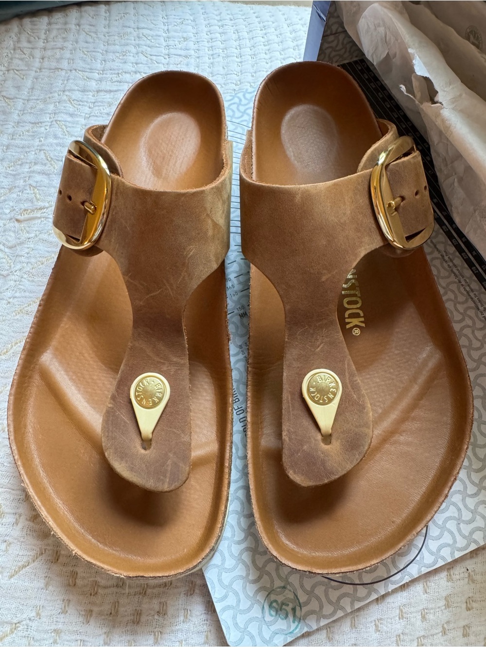 Birkenstock Women’s Gizeh Big Buckle - Tan Suede Thong Sandals with Gold Buckles